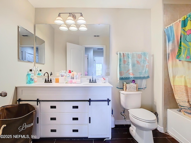 full bath featuring double vanity, curtained shower, a sink, and toilet