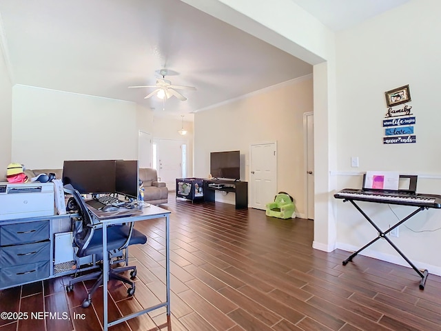 office space featuring ceiling fan, ornamental molding, and wood finish floors