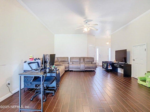 office area featuring dark wood-type flooring, crown molding, baseboards, and a ceiling fan