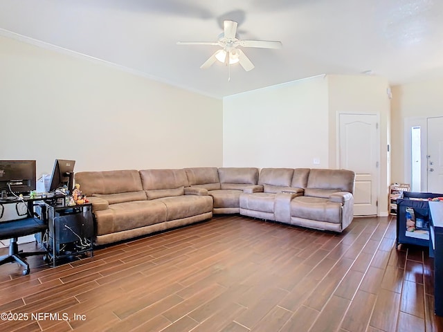 living room with ceiling fan, crown molding, and wood finish floors