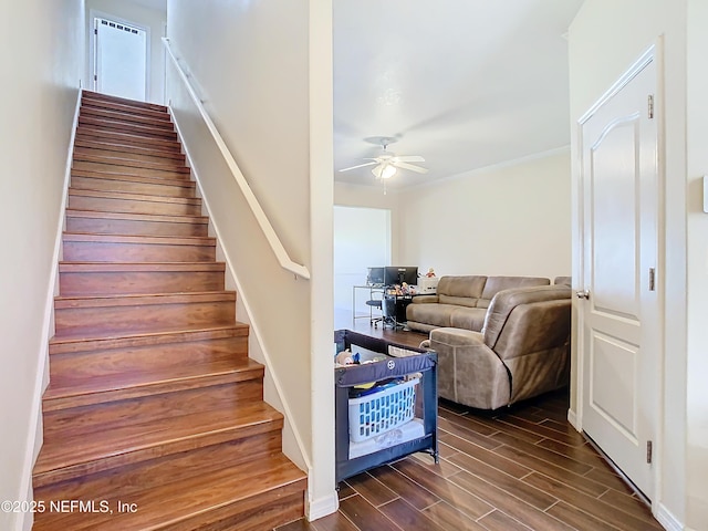 stairway with ceiling fan and wood finished floors