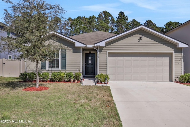 single story home with a garage, fence, concrete driveway, and a front yard