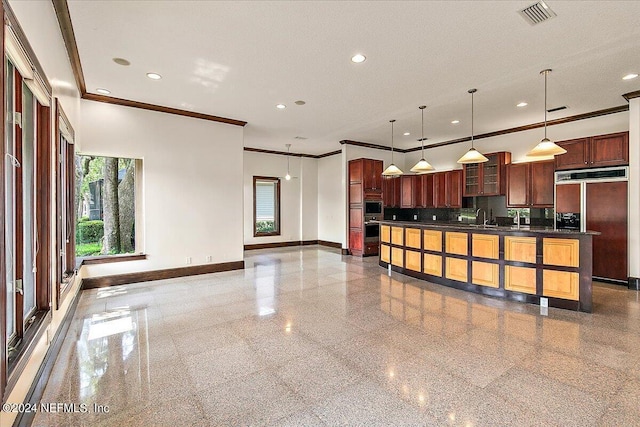13612 Mcqueens Ct, Jacksonville, FL 32225 - kitchen featuring hanging light fixtures, crown molding, sink, and paneled built in fridge