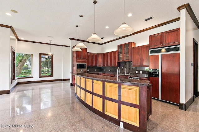 13612 Mcqueens Ct, Jacksonville, FL 32225 - kitchen with built in appliances, backsplash, pendant lighting, and ornamental molding