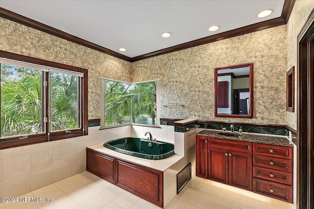 13612 Mcqueens Ct, Jacksonville, FL 32225 - bathroom with crown molding, vanity, a bathtub, and a textured ceiling