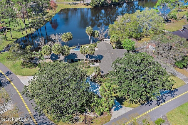 birds eye view of property featuring a water view