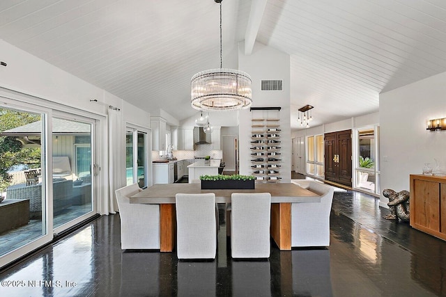 dining room featuring high vaulted ceiling, visible vents, a notable chandelier, and beamed ceiling