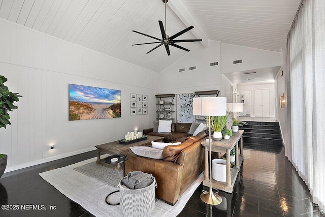 living area featuring visible vents, a ceiling fan, wood finished floors, high vaulted ceiling, and beamed ceiling