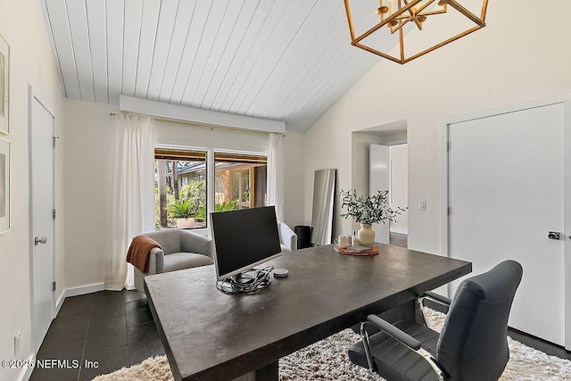 office with wood ceiling, vaulted ceiling, and baseboards