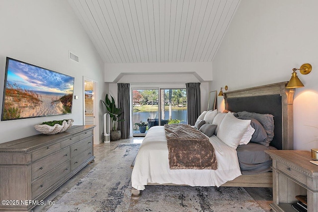 bedroom featuring visible vents, a water view, high vaulted ceiling, access to outside, and wooden ceiling