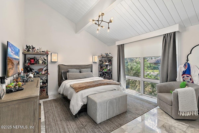 bedroom with high vaulted ceiling, a notable chandelier, wood ceiling, marble finish floor, and beamed ceiling