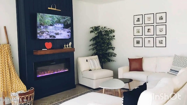 living room with parquet floors