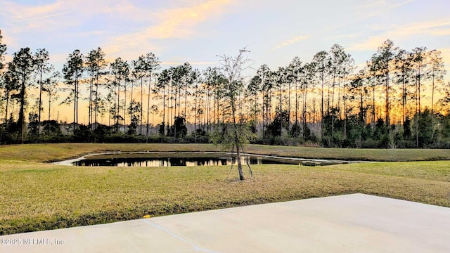 exterior space with a yard and a water view