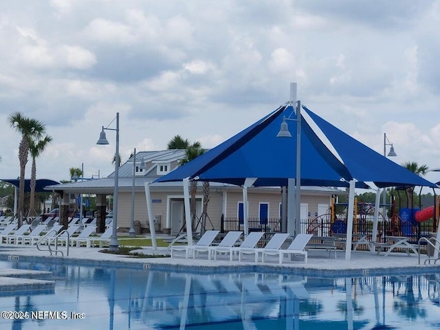 view of swimming pool with a patio