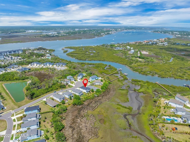 aerial view featuring a residential view and a water view