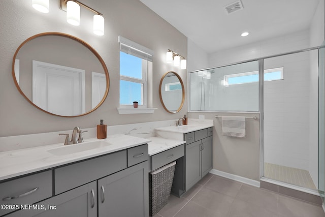 full bathroom with a shower stall, a sink, and visible vents