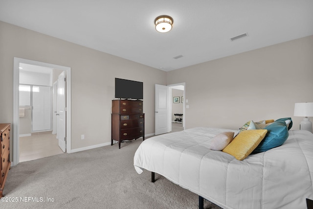 bedroom featuring light colored carpet, baseboards, and visible vents
