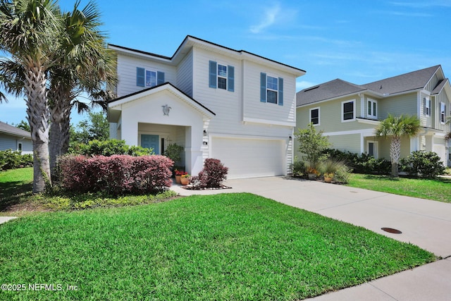 traditional-style house with a garage, driveway, and a front lawn
