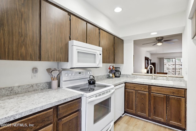 kitchen with sink, white appliances, ceiling fan, and light hardwood / wood-style flooring