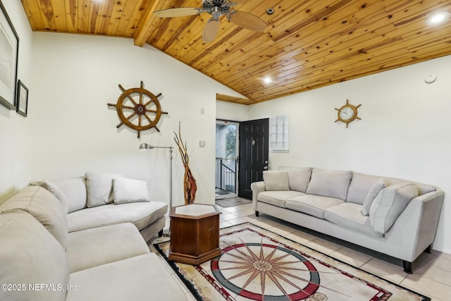 living room featuring light tile patterned floors, wood ceiling, a ceiling fan, and vaulted ceiling