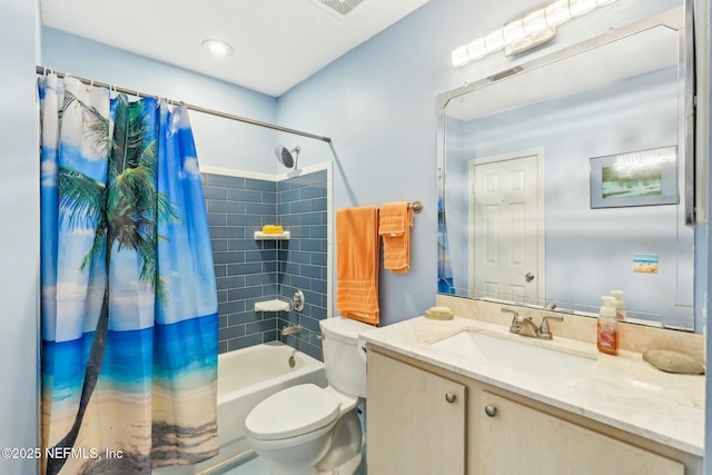 bathroom with visible vents, vanity, toilet, and shower / tub combo with curtain