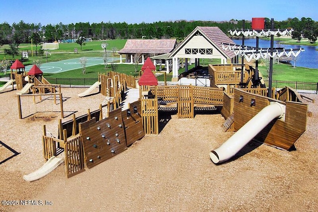 view of play area with a water view and a gazebo