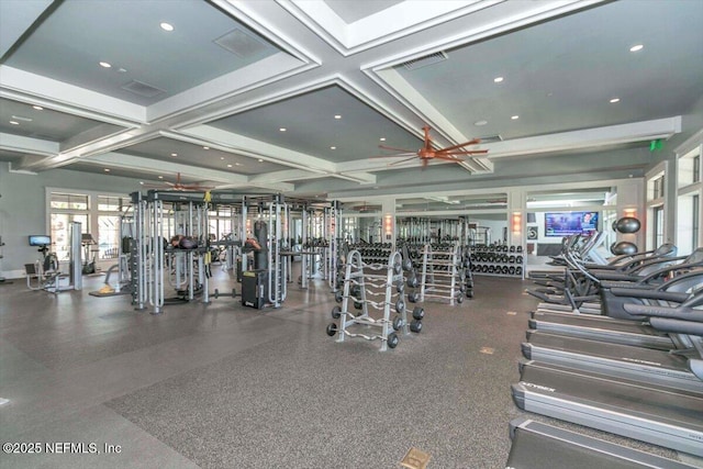 workout area featuring visible vents, baseboards, and coffered ceiling