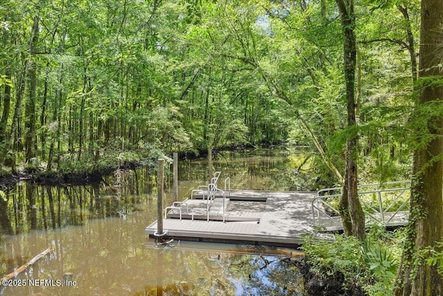 view of dock featuring a water view and a view of trees