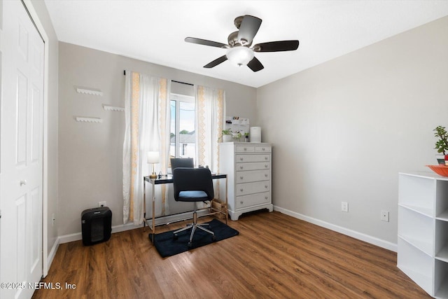 office with hardwood / wood-style flooring and ceiling fan