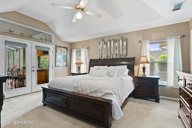 bedroom with access to outside, french doors, visible vents, and light carpet