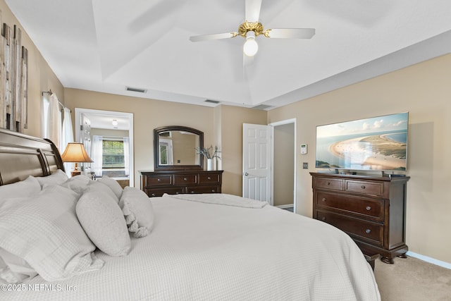 bedroom with a ceiling fan, carpet flooring, visible vents, and baseboards