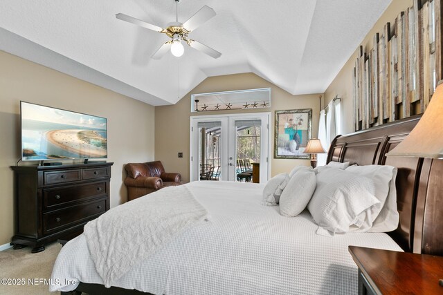 bedroom featuring light colored carpet, lofted ceiling, ceiling fan, access to exterior, and french doors