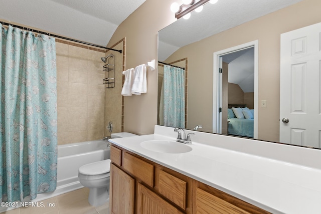 bathroom with a textured ceiling, tile patterned flooring, toilet, vanity, and shower / bath combo