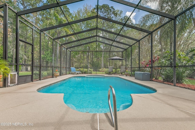 pool with a lanai and a patio area