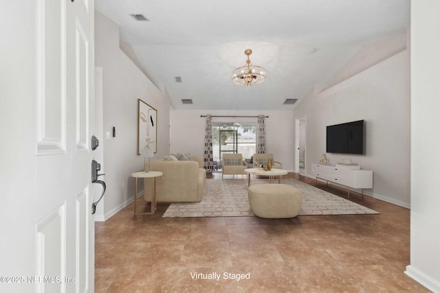 living area featuring lofted ceiling, baseboards, visible vents, and a notable chandelier