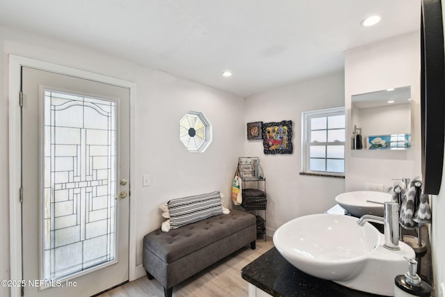 bathroom with wood-type flooring and vanity