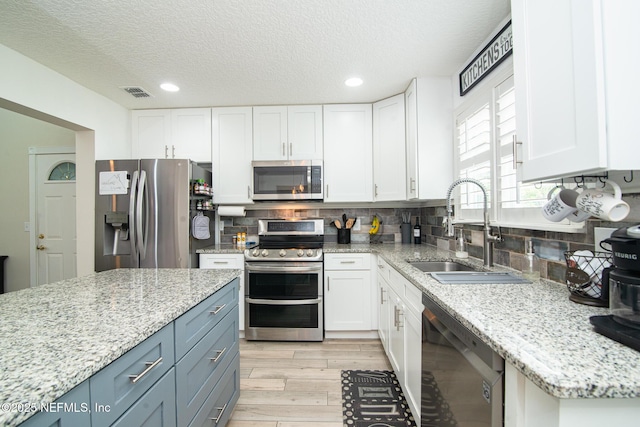 kitchen featuring a sink, tasteful backsplash, appliances with stainless steel finishes, and white cabinets