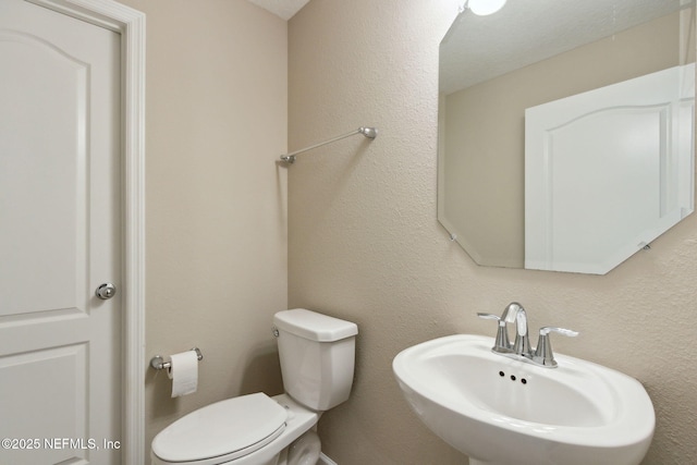 half bathroom featuring a textured wall, a sink, and toilet