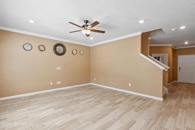 unfurnished room featuring baseboards, a ceiling fan, light wood-style flooring, ornamental molding, and recessed lighting