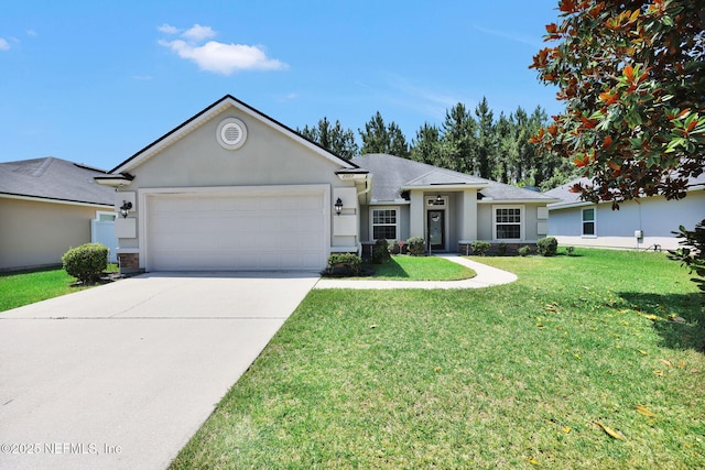 single story home featuring a front yard and a garage