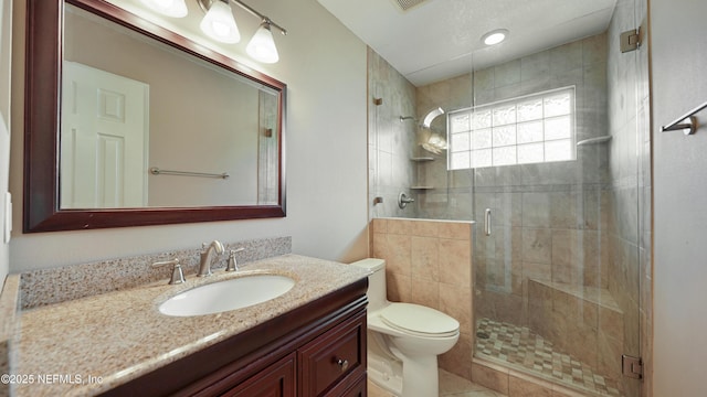 bathroom with a shower stall, toilet, and vanity