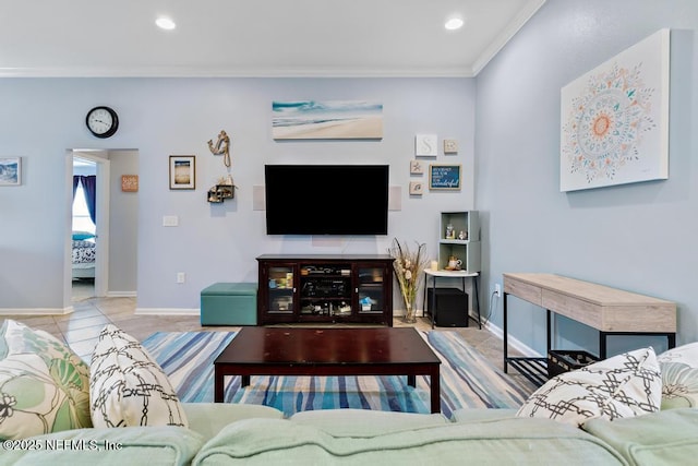 tiled living room featuring crown molding