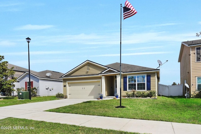 ranch-style home with driveway, a garage, fence, cooling unit, and a front lawn