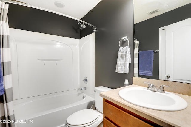 full bath with toilet, shower / bath combo, vanity, and visible vents