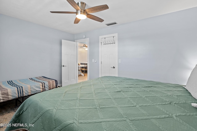 bedroom featuring visible vents and ceiling fan