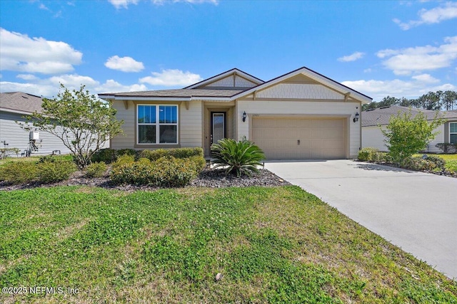 ranch-style house with a garage, a front lawn, and driveway