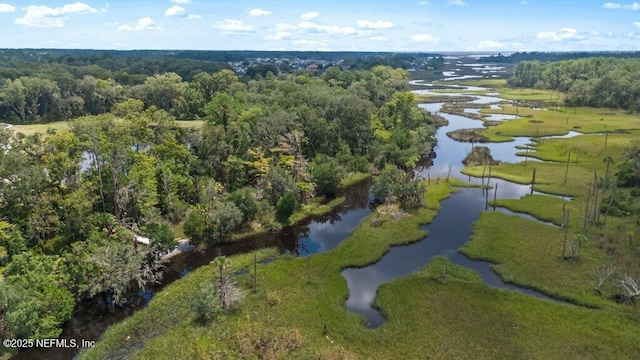 drone / aerial view with a water view and a view of trees