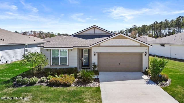 single story home featuring an attached garage, concrete driveway, roof with shingles, and a front yard