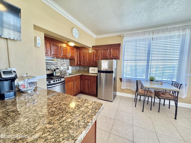 kitchen with stainless steel appliances, ornamental molding, light tile patterned floors, stone counters, and decorative backsplash