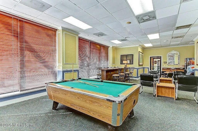 game room featuring pool table, dark carpet, and a drop ceiling